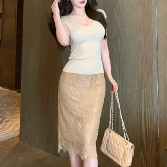 French Style Sexy Lace Midi Skirt Women's Spring Summer New Slimming Versatile Half-length Skirt Fashionable Casual Bridesmaid