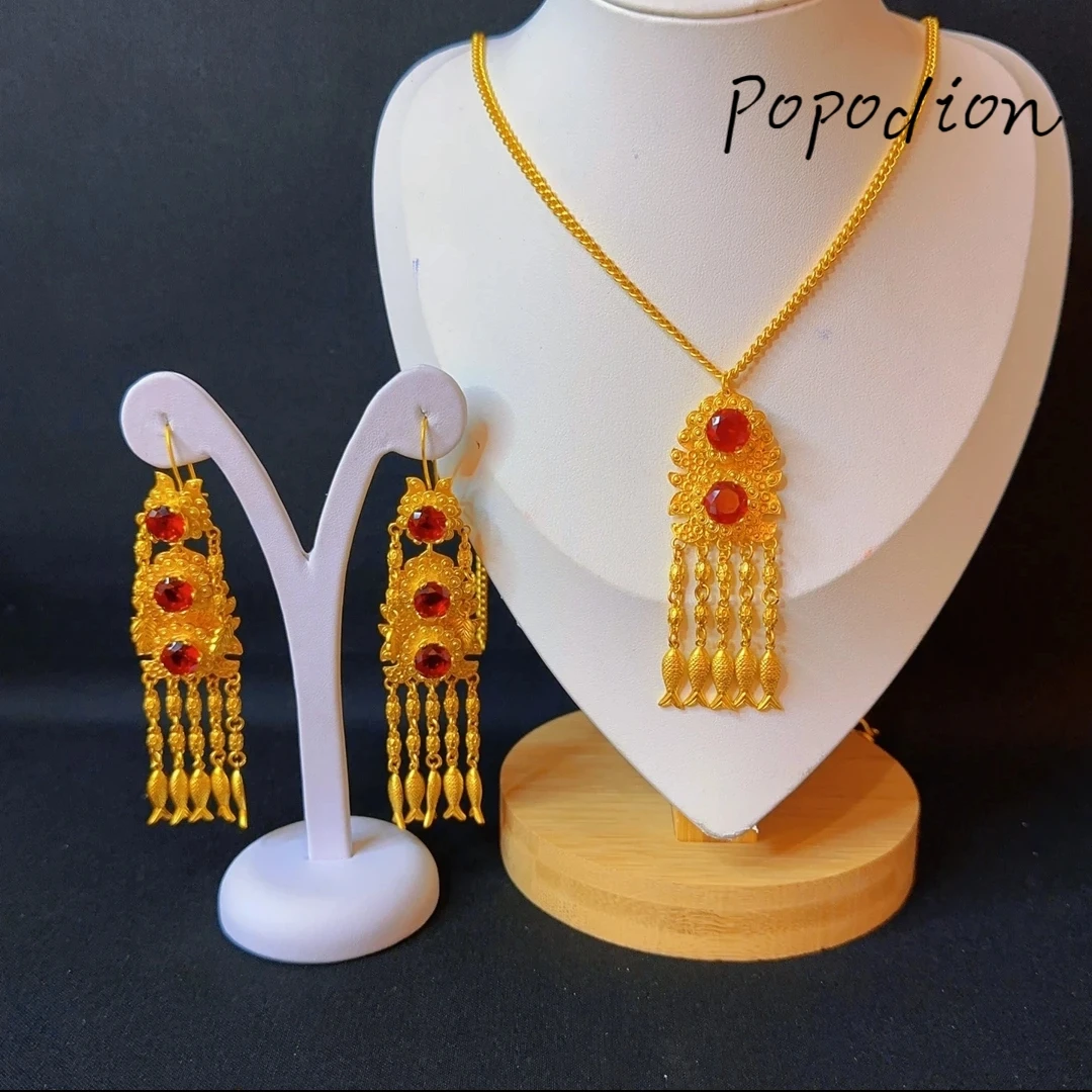 Popodion New Dubai 24K Gold Plated Wedding Tassel Necklace Women's Earrings Exquisite Gift YY10279