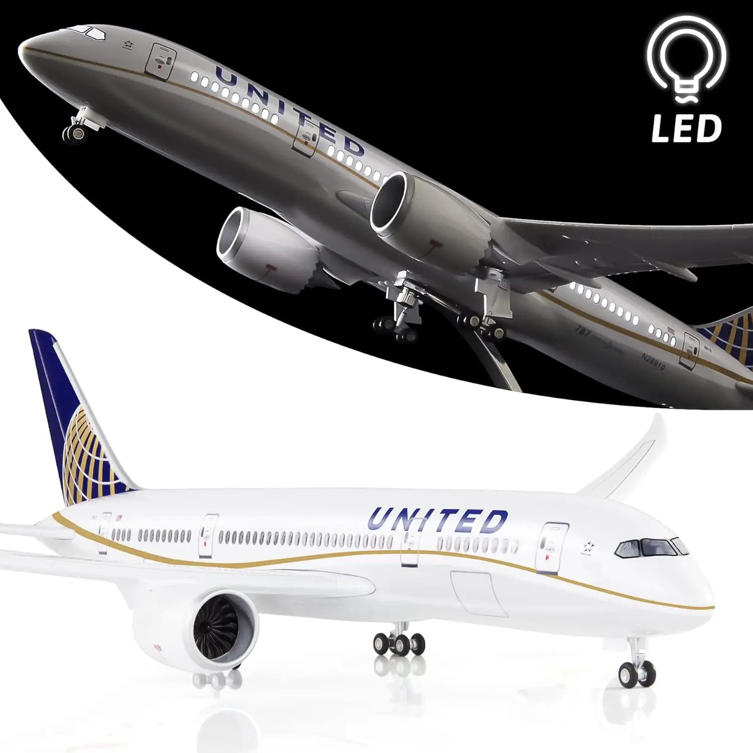 

1:130 Scale Large Model Airplane United Airlines B787 Plane Models Diecast Airplanes with LED Light for Collection or Gift