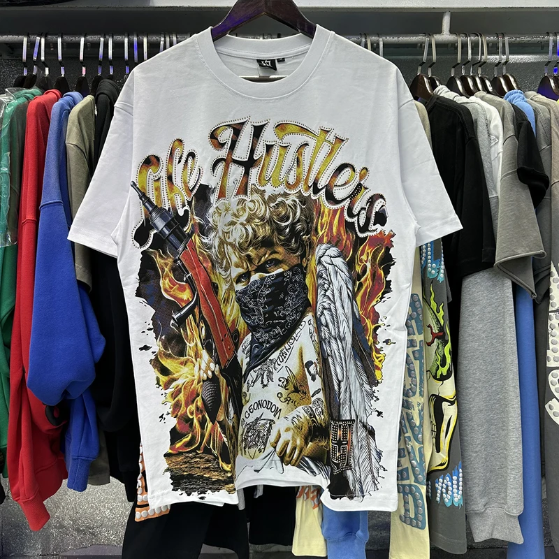 High-quality Life Hustlers T-shirt Streetwear Trend Hip-hop Angel Fire Letter Print Short Sleeve Men Women Hot Drill Top Tee