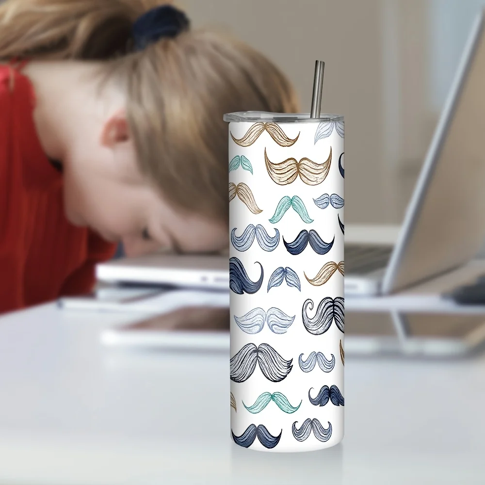 1pc/20oz/590ml/Double Wall Stainless Steel Insulated Skinny Tumbler with Straw And Lid,Outdoor Travel Coffee Mug,Mustache Patterned Party Cup,Festive Gift Item,Very Suitable for Family And Friend Gatherings,Ideal Choice for Birthday Celebrations