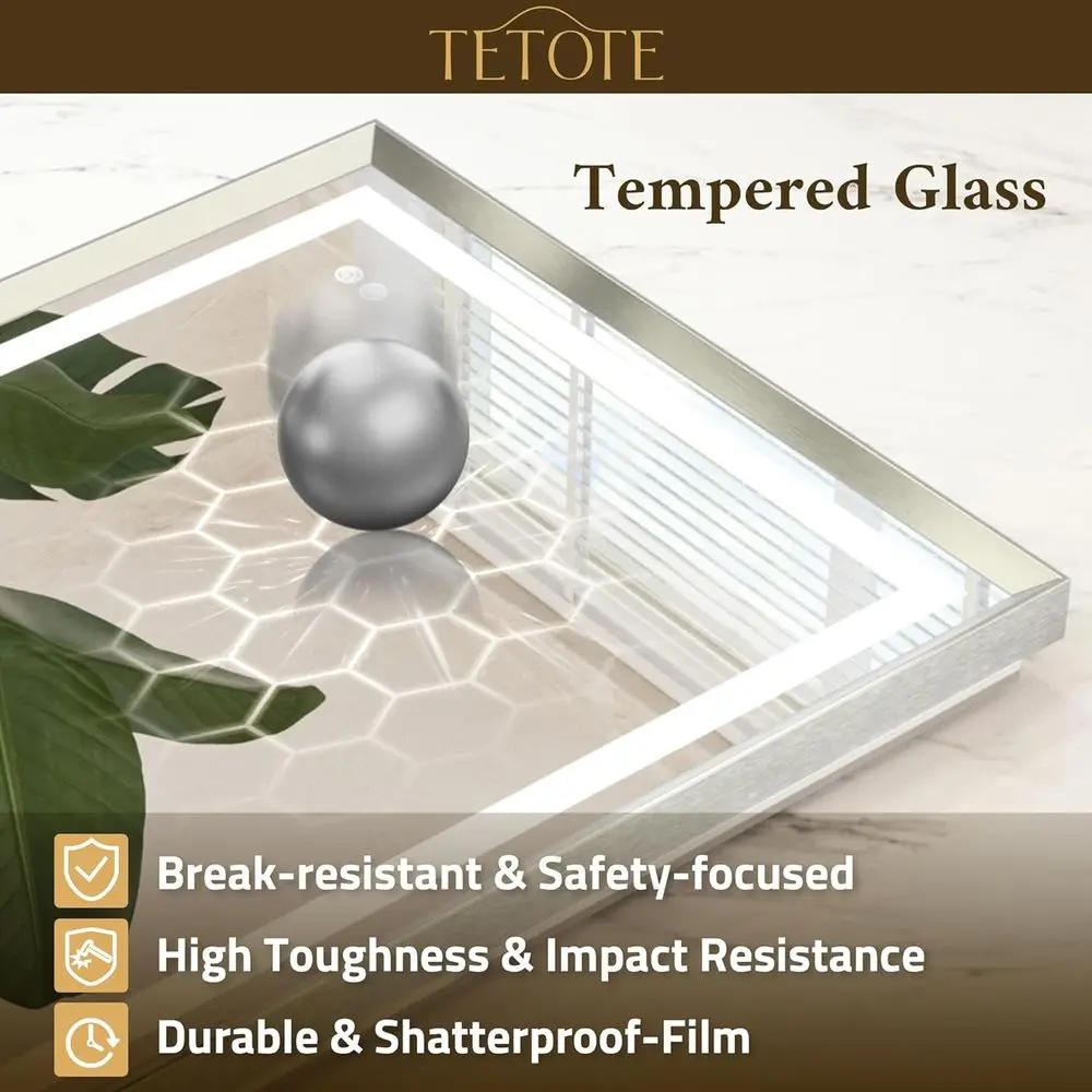 Miroir de courtoisie LED 20 x 28 pouces avec cadre en nickel brossé, éclairage avant et arrière, antibuée, variable en continu, température 3 couleurs