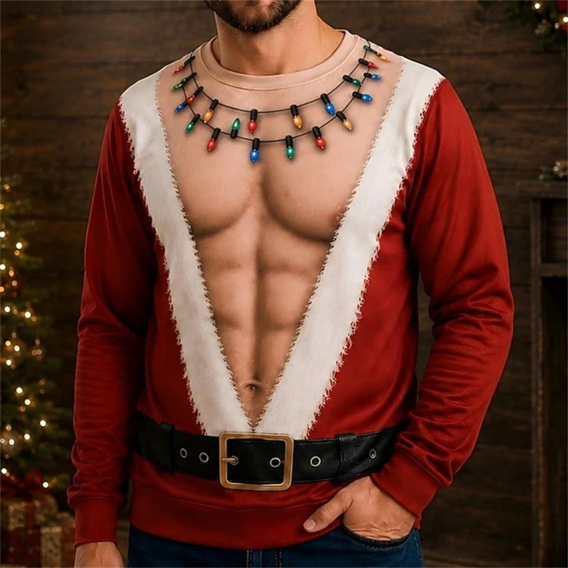 Lustiger Muskel-Weihnachtsmann-Sweatshirt für Herren, 3D-Druck, Herbst-Winter-Ugly-Sweater, Festtagskostüm, Pullover-Oberteile für Herren – Detail 3
