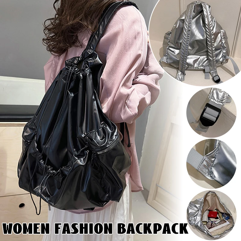 

Women's Travel Backpack Korean Style Large Capacity Drawstring Pleated Silver Backpack Fashion Trendy Casual School Bags