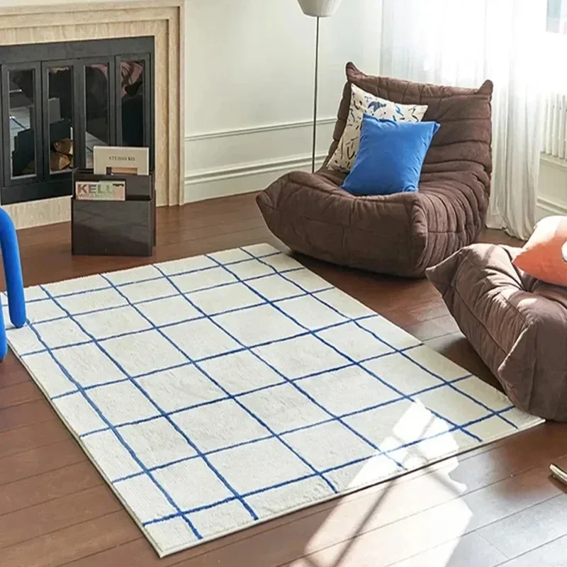 VIKAMA Ins Girl Carpet Living Room Simple Advanced White Blue Korean Plaid Sofa Tea Table Bedroom Bed Blanket Home Decoration