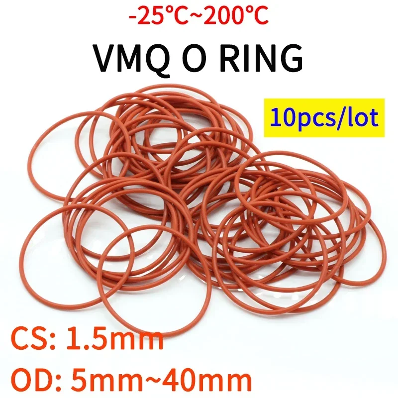 10pcs VMQ O Ring Seal Gasket Thickness CS 1.5mm OD 5 ~ 40mm Silicone Rubber Insulated Waterproof Washer Round Shape Nontoxi Red