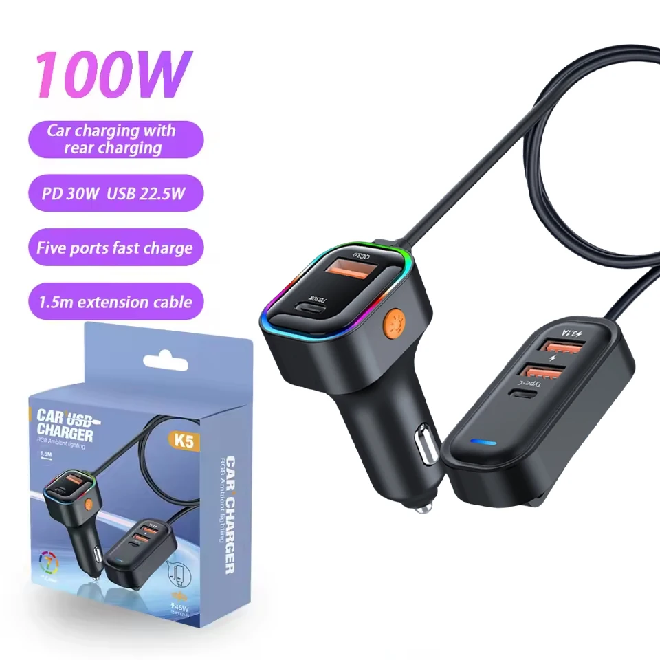 شاحن سيارة 100 وات مع شحن الصف الخلفي 5 منافذ USB شاحن سفر للسيارة من النوع C PD محول شحن سريع لهاتف iPhone Xiaomi Samsung