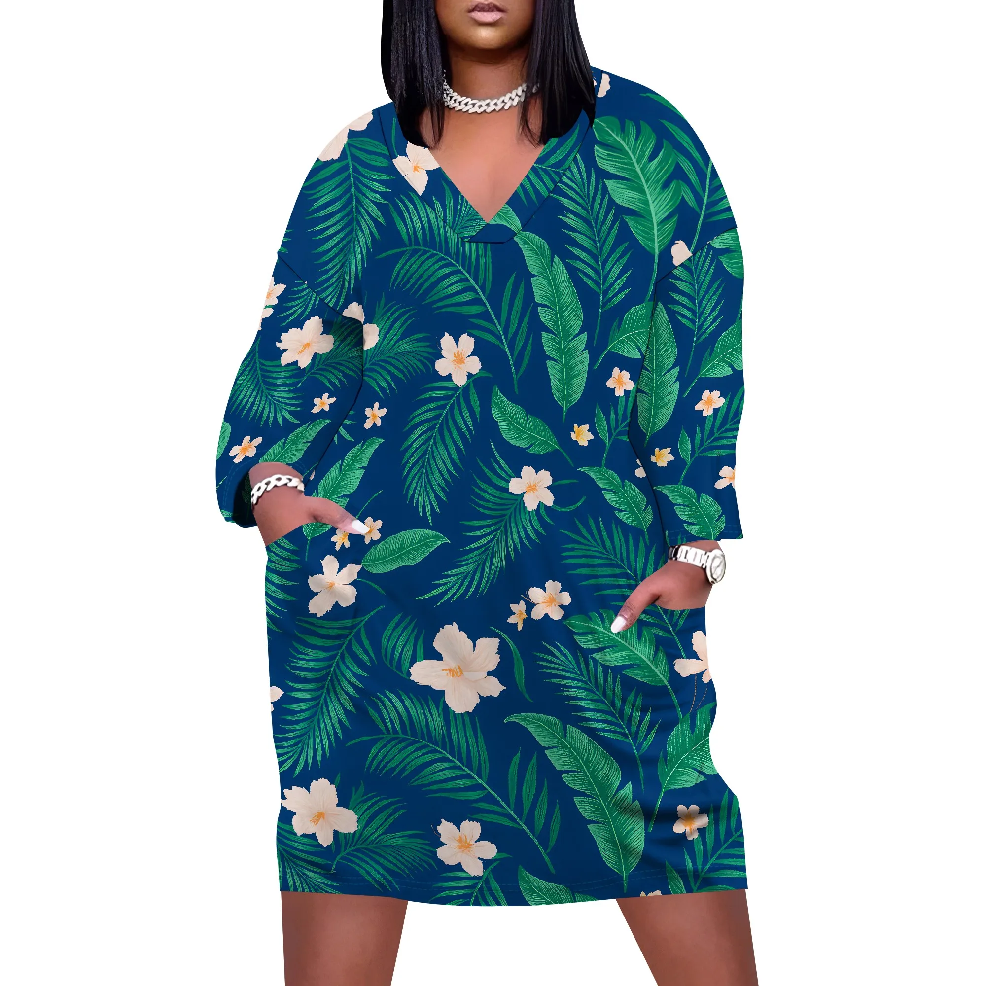 

Plus Size Fall Loose Soft Dress for Women Long Sleeve Floral Printed Boho Solid Color T Shirt Midi Dress with Pockets