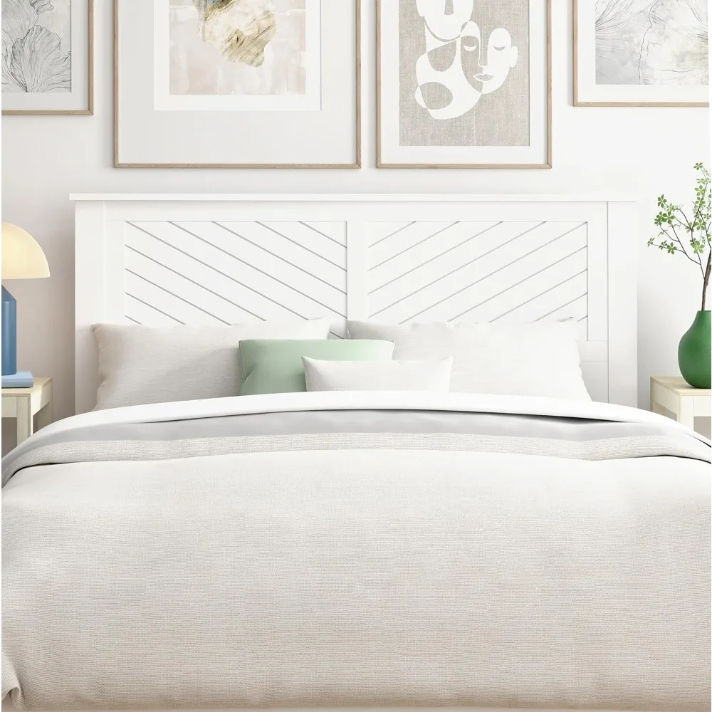 

Poplar Wood Queen Size Headboard in White, Modern Farmhouse Panel with Chevron Scoring, Casual Coastal Style, Easy Assemb