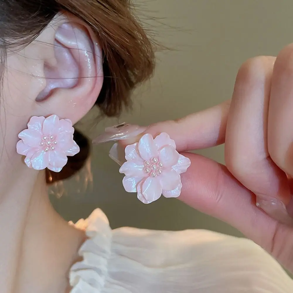 Elegant Pink Flowers Drops Earrings Fashion Acrylic Pearl Big Flower Stud Earrings Sweet Temperament South Korean Style