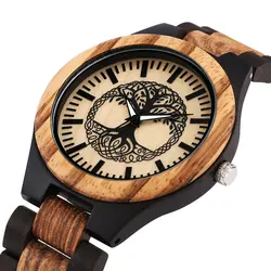 Life Tree Pattern Ebony Zebrawood Men Watch Quartz Movement Stainless Steel Folding Clasp Full Wooden Bracelet Male Wristwatch