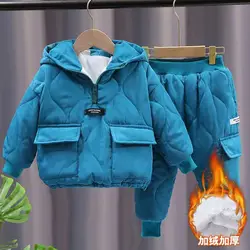 Conjuntos de ropa de invierno para niños y niñas, jersey de terciopelo de algodón cálido con capucha, abrigos y pantalones, trajes de nieve de 2 piezas, New1-8Y