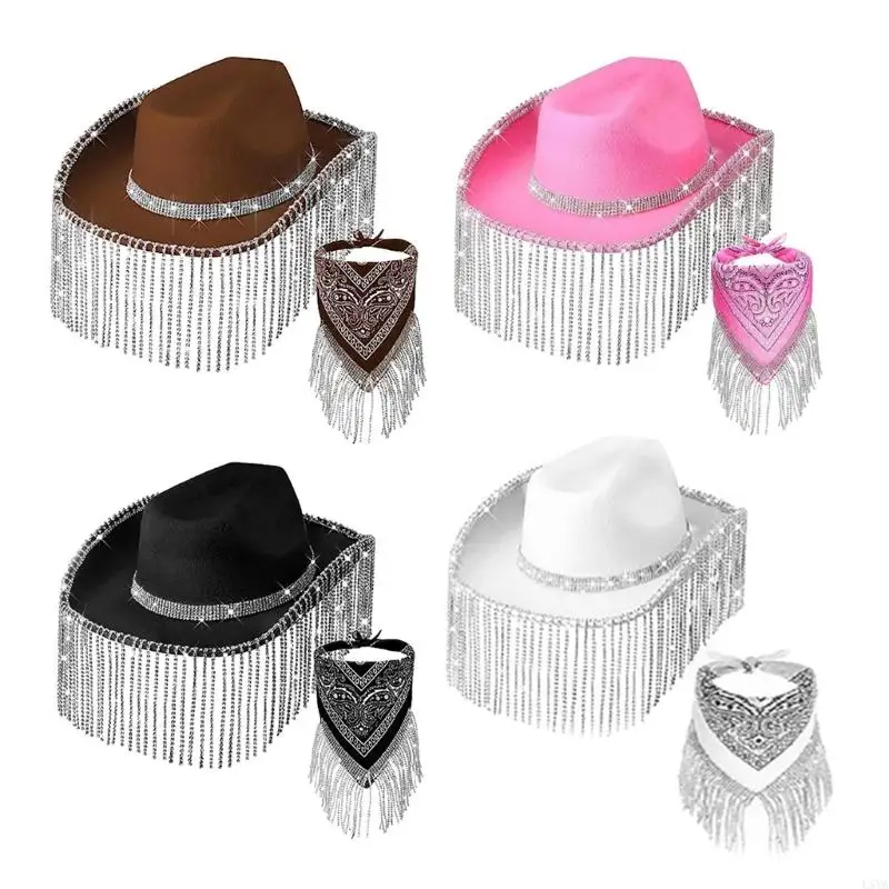 

L5YA Fringed Cowboy Hat Bandana Womens Cowgirl Hat Kerchief Set Western Costume
