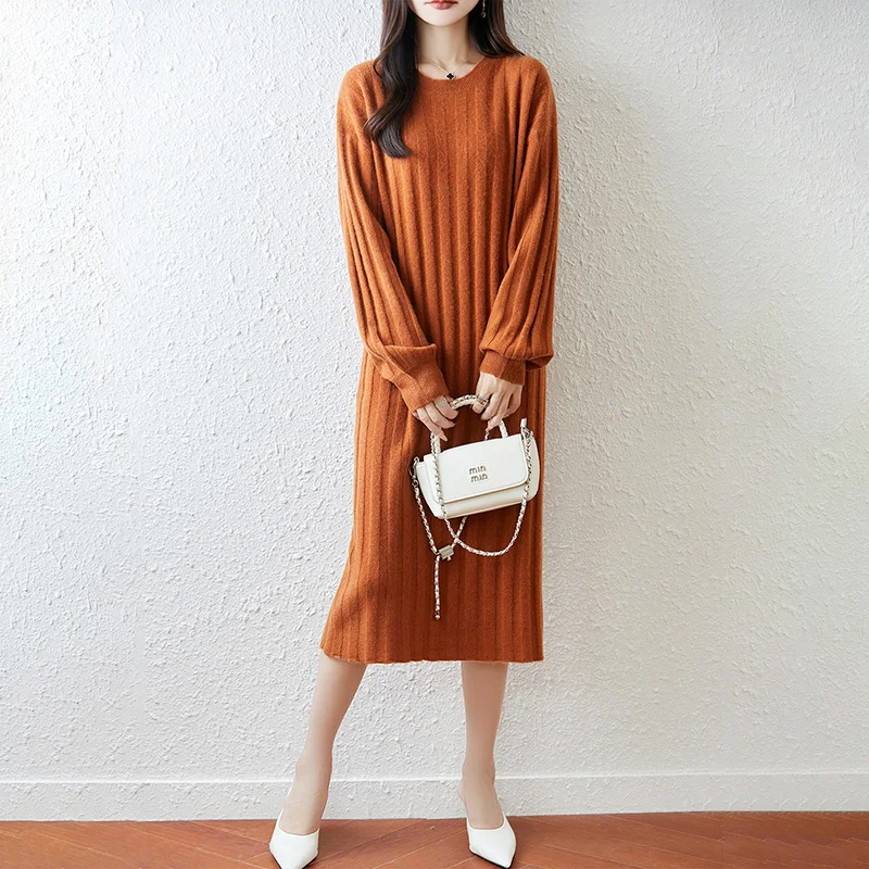 2025 New Wide Pit Strip Style Women Knitted 100% Australia Wool Long Dress Round Neck Lantern Sleeve High quality Loose Dress