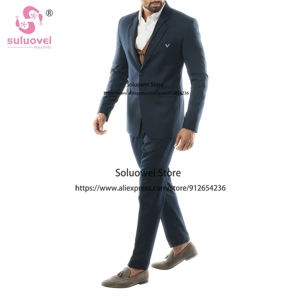 Clássico azul marinho fino ajuste ternos para homens elegante 3 peça jaqueta colete e calças conjunto formal noivo casamento smoking vestidos de novia