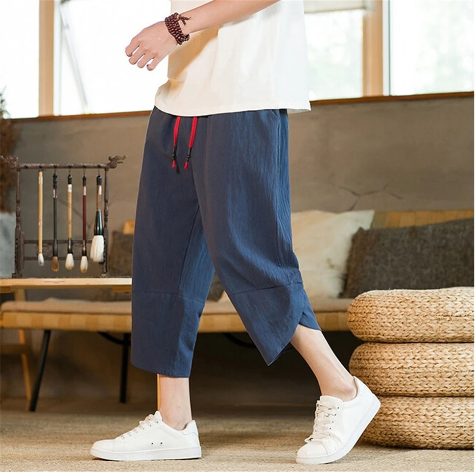 Large Size Harem Pants Men Harajuku Summer Thin Cotton Linen Pencil Pant Vintage Elastic Waist Calf Length Pants Male