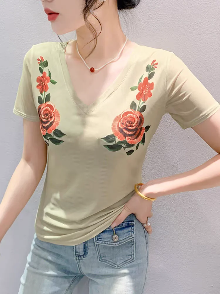 

Mesh Short Sleeve Tops Women Positioning Print Floral Stretch T-shirts Lady Simple Basic Tee Shirt Light Fabric Clothing