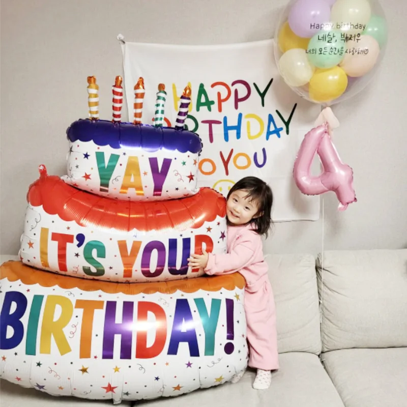 3-Layer Large Cake Balloons Happy Birthday Cartoon Bear Cake Foil Balloons for Kids Birthday Party Decoration Props Ballon Toys