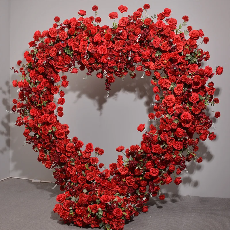 Red Simulation Hydrangea Ball Rose Heart Frame Flower Wedding Background Decoration Rose Artificial Flower Arch