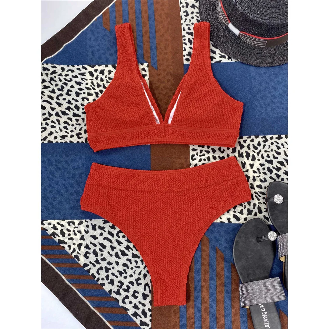 Gefalteter, geraffter Damen-Badeanzug mit V-Ausschnitt, hochtaillierter Bikini, zweiteiliges Bikini-Set, Badebekleidung, Badeanzug, Modell V3590. – Detail 34