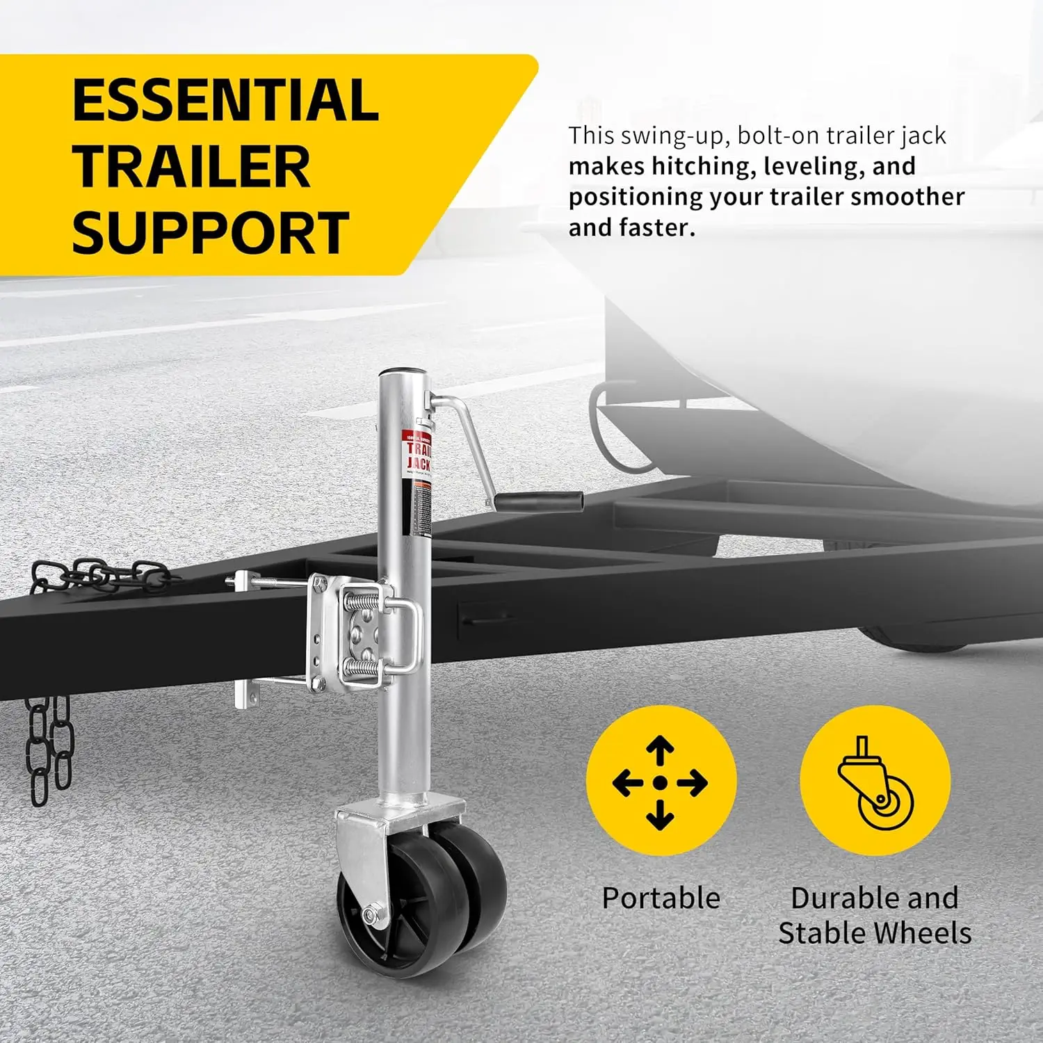 70149 مقبس مقطورة مع رفع 11-1/2 بوصة، تصميم متأرجح من الخلف، مقبض رياح جانبي وعجلات مزدوجة 6 بوصات - سعة 1500 رطل، شعبية جديدة #6