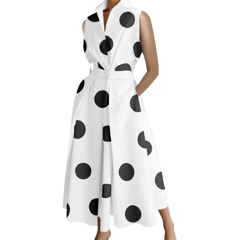 Office Lady Elegant Polka Dot A-line Dress Summer Sleeveless Lapel Collar Evening Midi Dresses for Women 2023 New