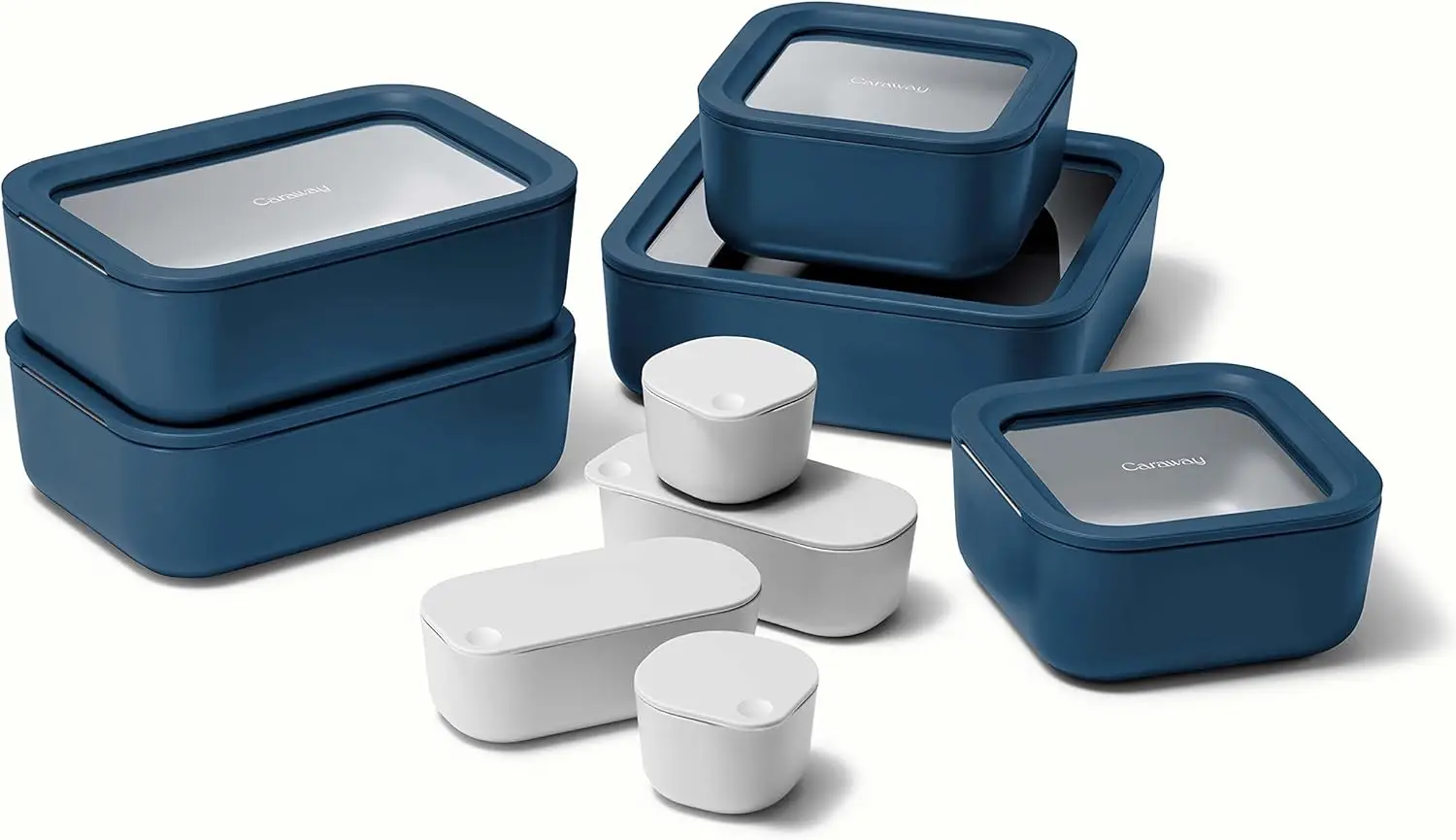 

Caraway 14 Piece Navy Ceramic Coated Glass Food Storage Containers Easy To Store Non Toxic Lunch Box Dot & Dash Inserts