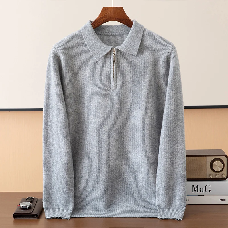 

Осенне-зимний новый мужской вязаный свитер из 100% чистой шерсти с лацканами, утепленная теплая рубашка-поло