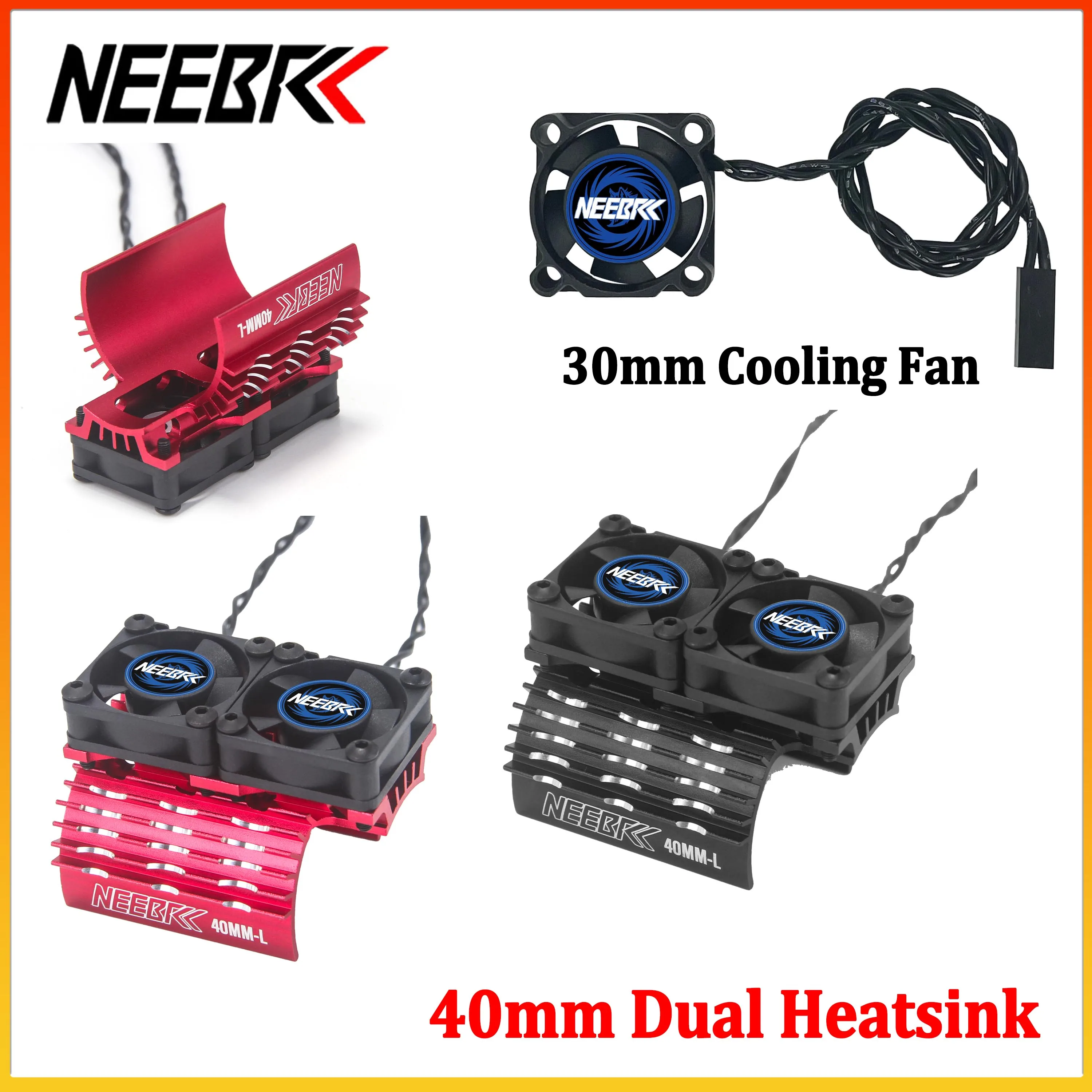 NEEBRC 30mm Dual Motor Cooling Fans with 40MM Metal Heatsink Holder 5-12V 25000rpm for 1/8 RC Car Brushless Motor Traxxas Axial