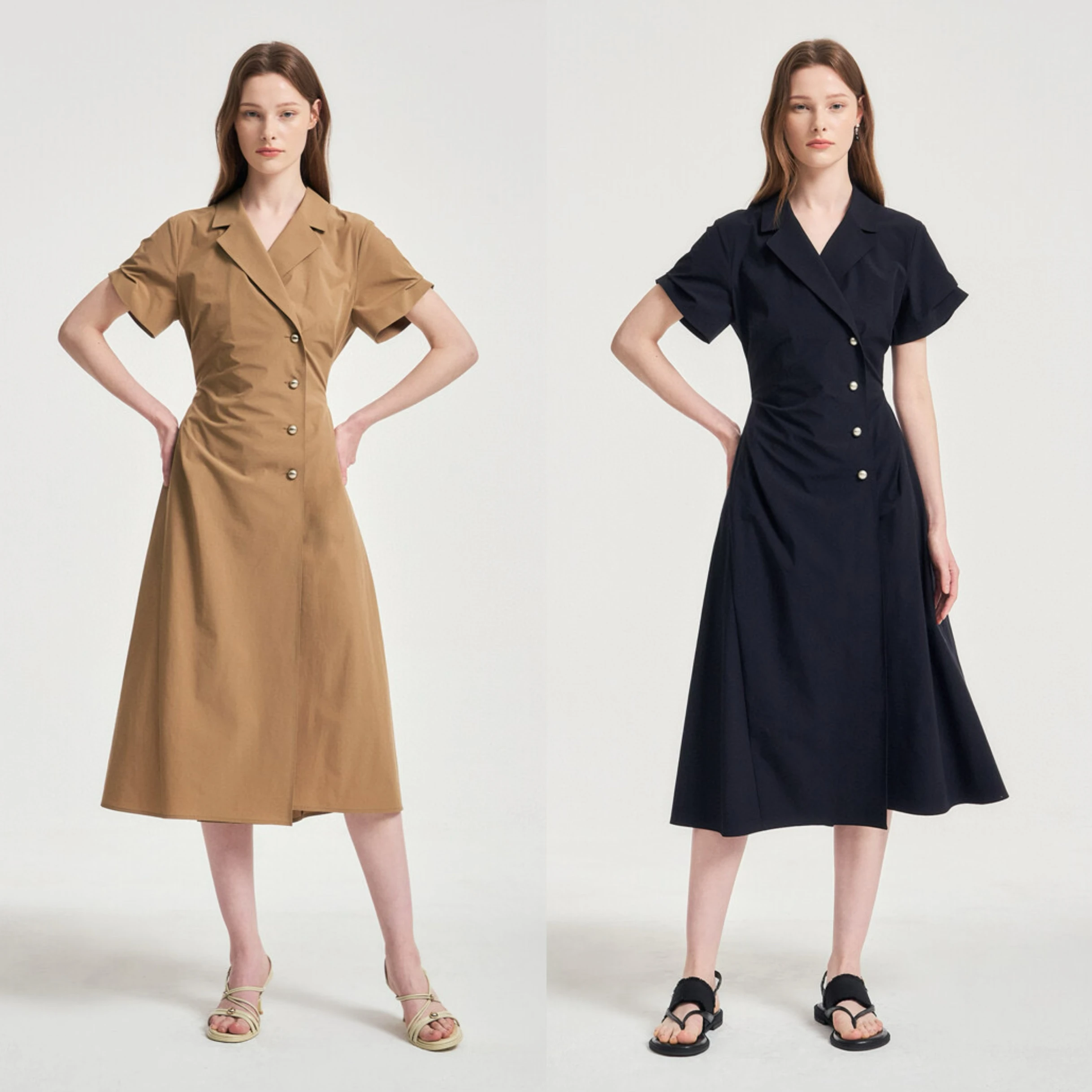 

OBZ25 Summer ort Sve Waist-Cinching Dr Korean Simple Sle Commute Dr High Waist Silk Blend A-Line Midi Dr