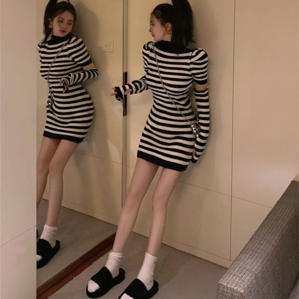 Short Sleeve Dresses with Cuff Women Striped Turtleneck Autumn Slim Elegant Sweet Preppy Cute Girls Fashion Korean Vestidos Chic