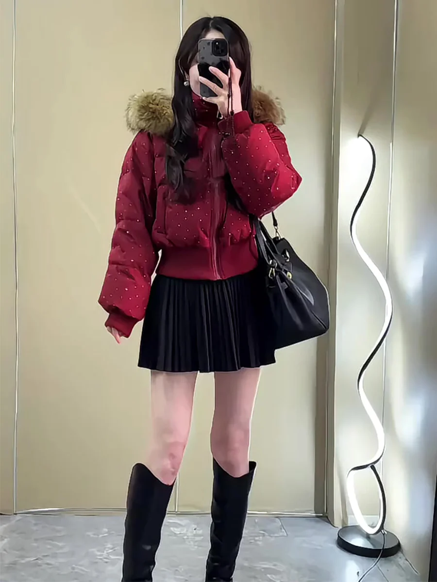 

Red Rhinestone ort Puffer Jaet Women's Winter Warm Faux Fur Collar Du down Waist-Cinching Casual Sle Zipper Closure