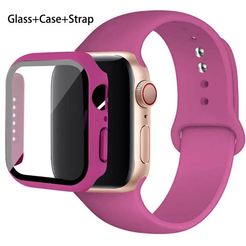 Glass+Case+Strap For Apple Watch band 44mm 45mm 42mm 41mm 40mm 38mm Silicone watchband bracelet iWatch series 8 9 7 6 5 4 3 SE