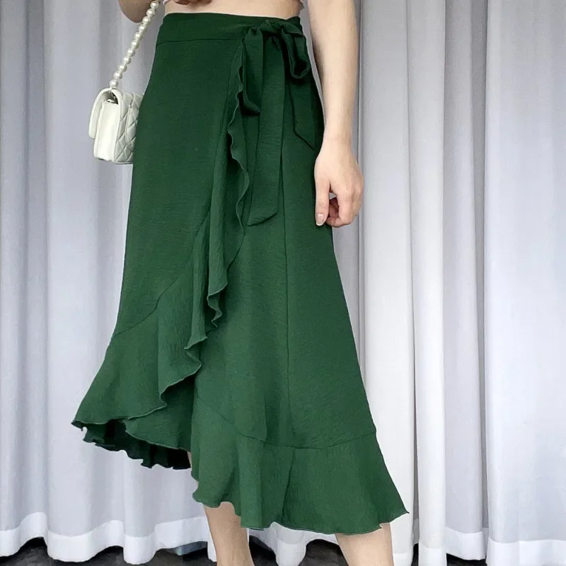 

Summer Solid Color Fashion Women's Skirts One Piece Lace Up Long Dress Irregular Slim Skirts