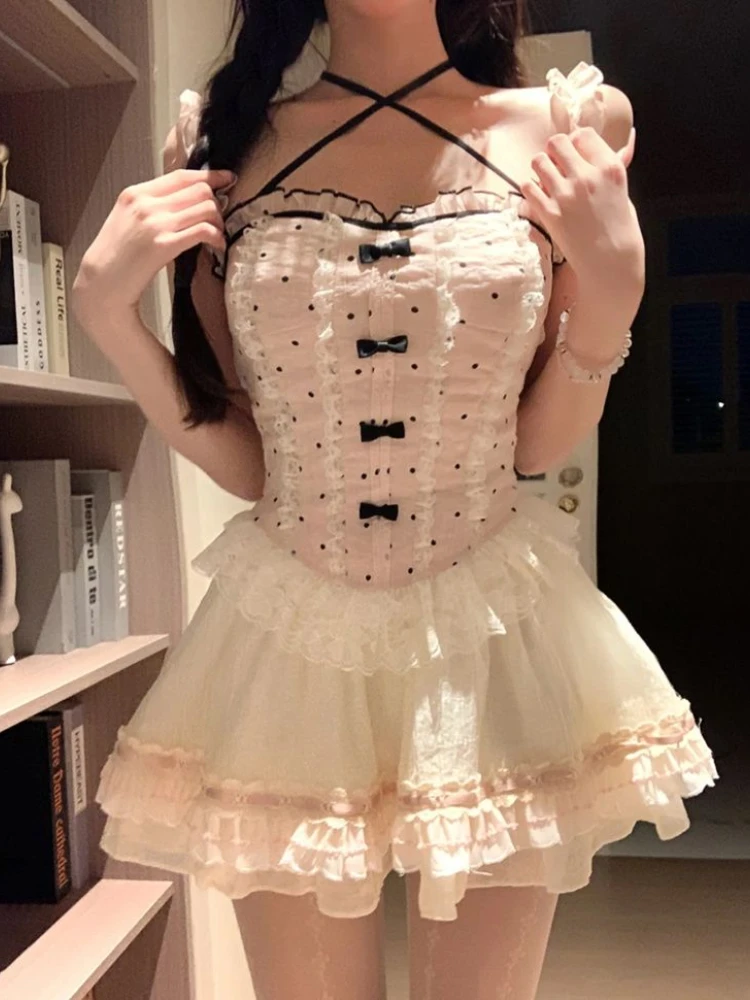 Fashion Gyaru Matching Sets Polka Dot Bow Lace Patchwork Tanks High Waist Ruffles Mini Skirts Summer Female Slim Women Clothing