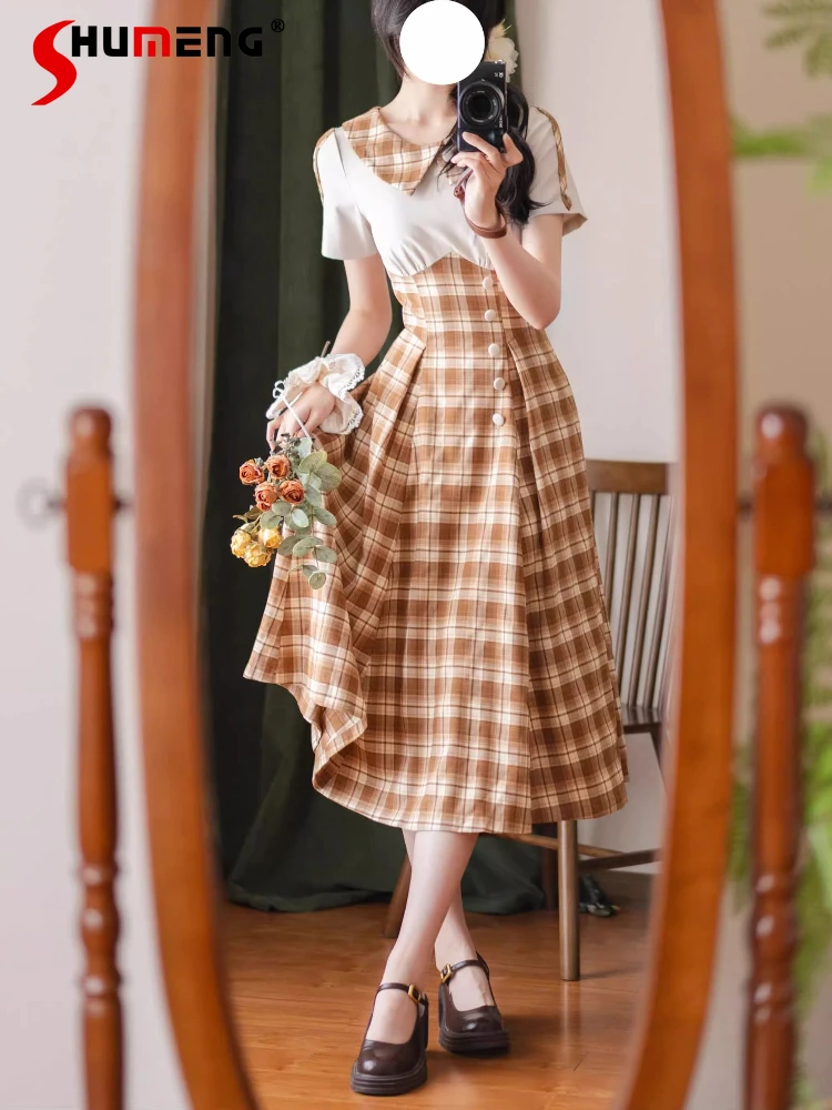 

French Elegant Retro Splicing Crew Neck Short Sleeve Single-Breasted High Waist Lace-up A-line Plaid Pleated Long Dress Women