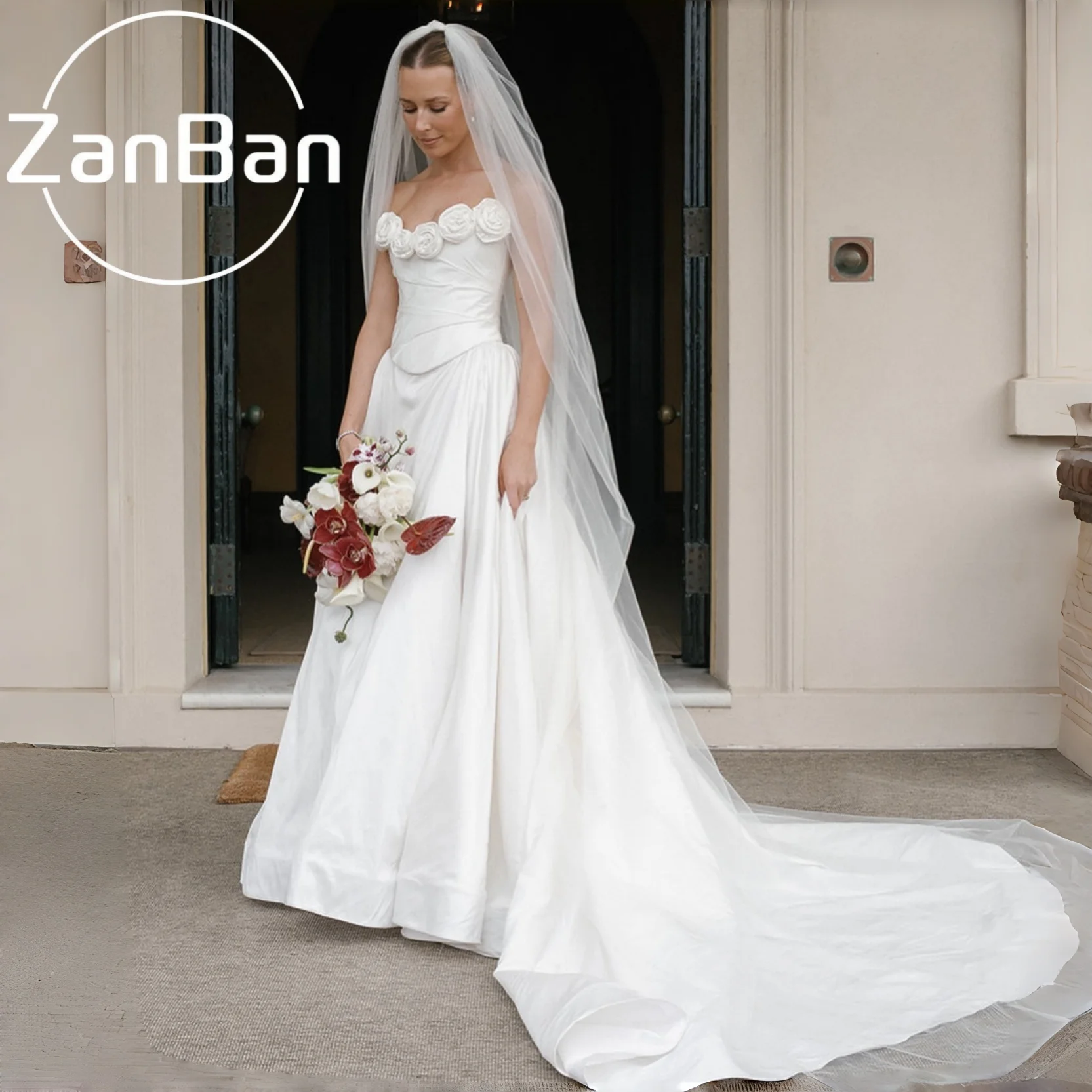 Свадебное платье ZanBan 2026 на заказ, атласное, А-силуэт, без рукавов, с 3D цветами, для принцесс