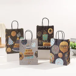 4Pcs Happy Birthday Paper Gift Packaging Bags with Handle Black Baking Candy Cookie Shopping Bag for Birthday Party Decorations