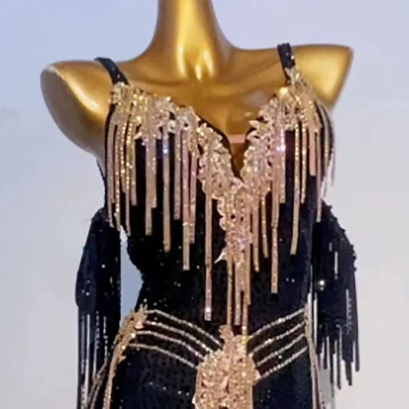 

Latin Dance Dress High-end Custom Gold Chest Suspender Dress Samba Rhinestone Dance Dress Professional Clothing