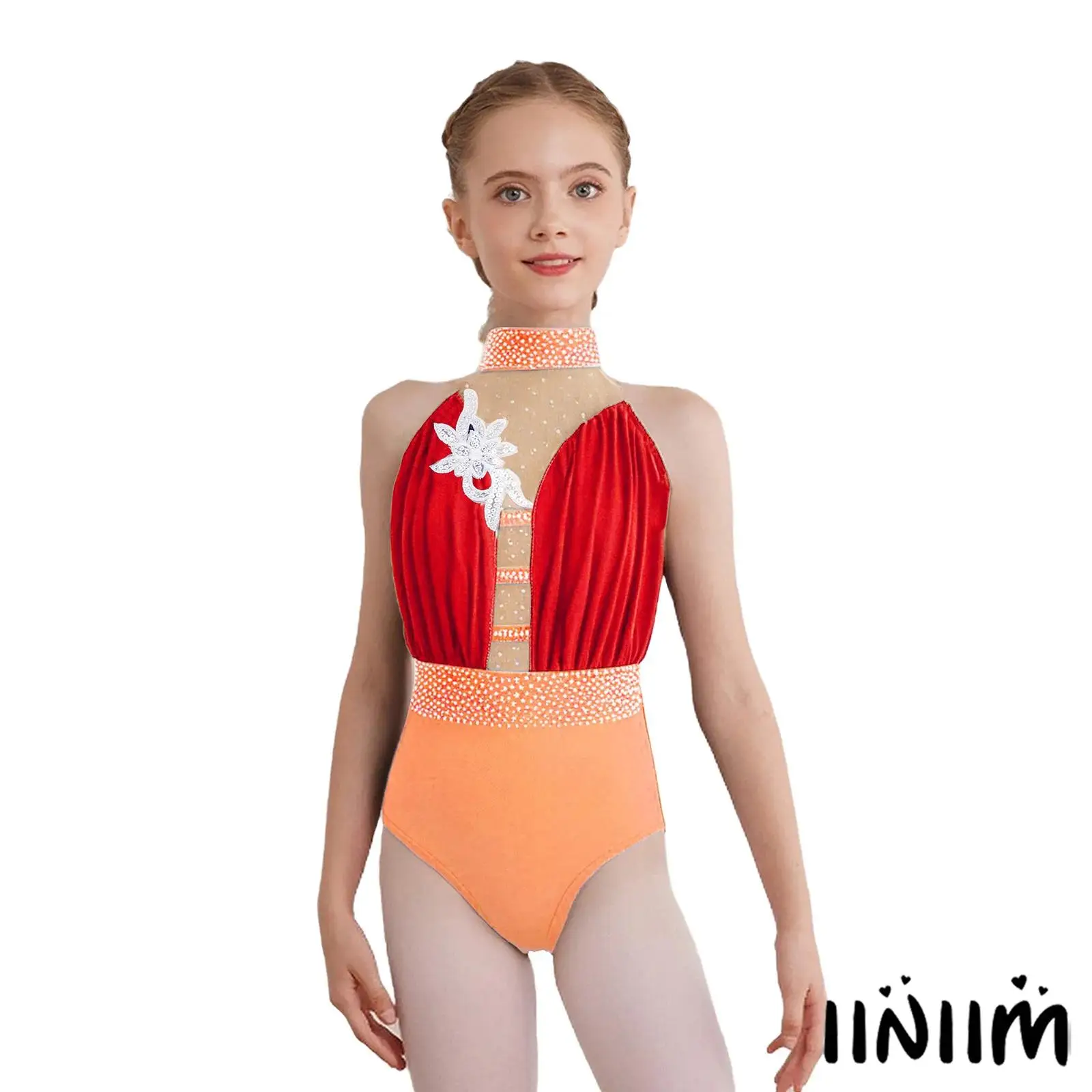 

Girls Figure Skating Dance Ballet Jazz Leotard Sleeveless Keyhole Back Sheer Mesh Bodysuit for Ballet Ballroom Stage Performance
