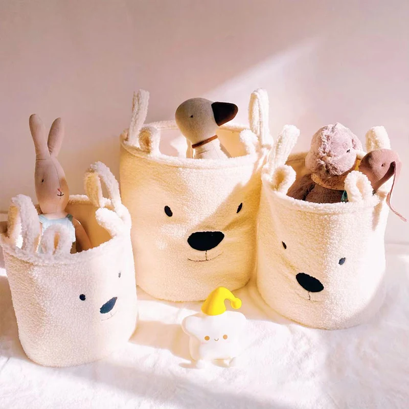 Children Room Storage Basket Cute Teddy Bear Folding Basket for Laundry Toys Soft Sherpa Sundries Storage Bag Organizer