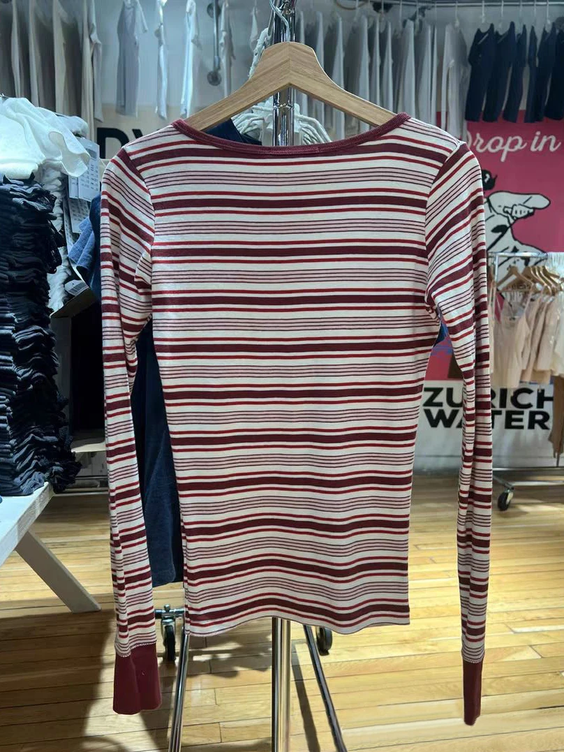 الأحمر مخطط كم طويل تي شيرت المرأة ستة أزرار مغرفة الرقبة القطن سليم تي شيرت الخريف نمط Preppy الحلو خمر تيز القمم #4