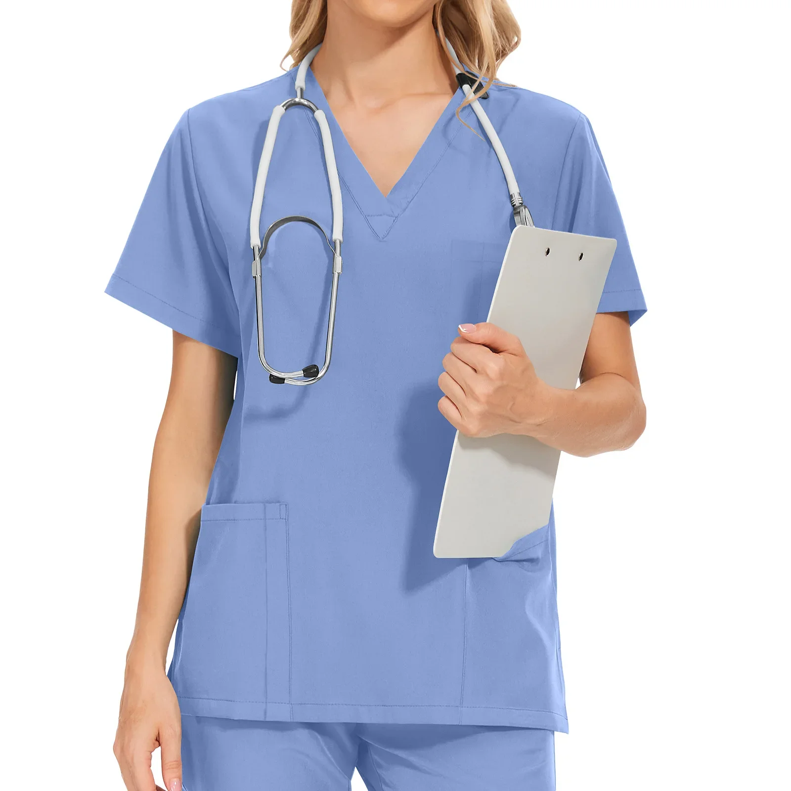 Uniforme de trabajo de manga corta para mujer, ropa de enfermería, pantalones de banda elástica, Tops de cuello, trajes de Hospital Dental