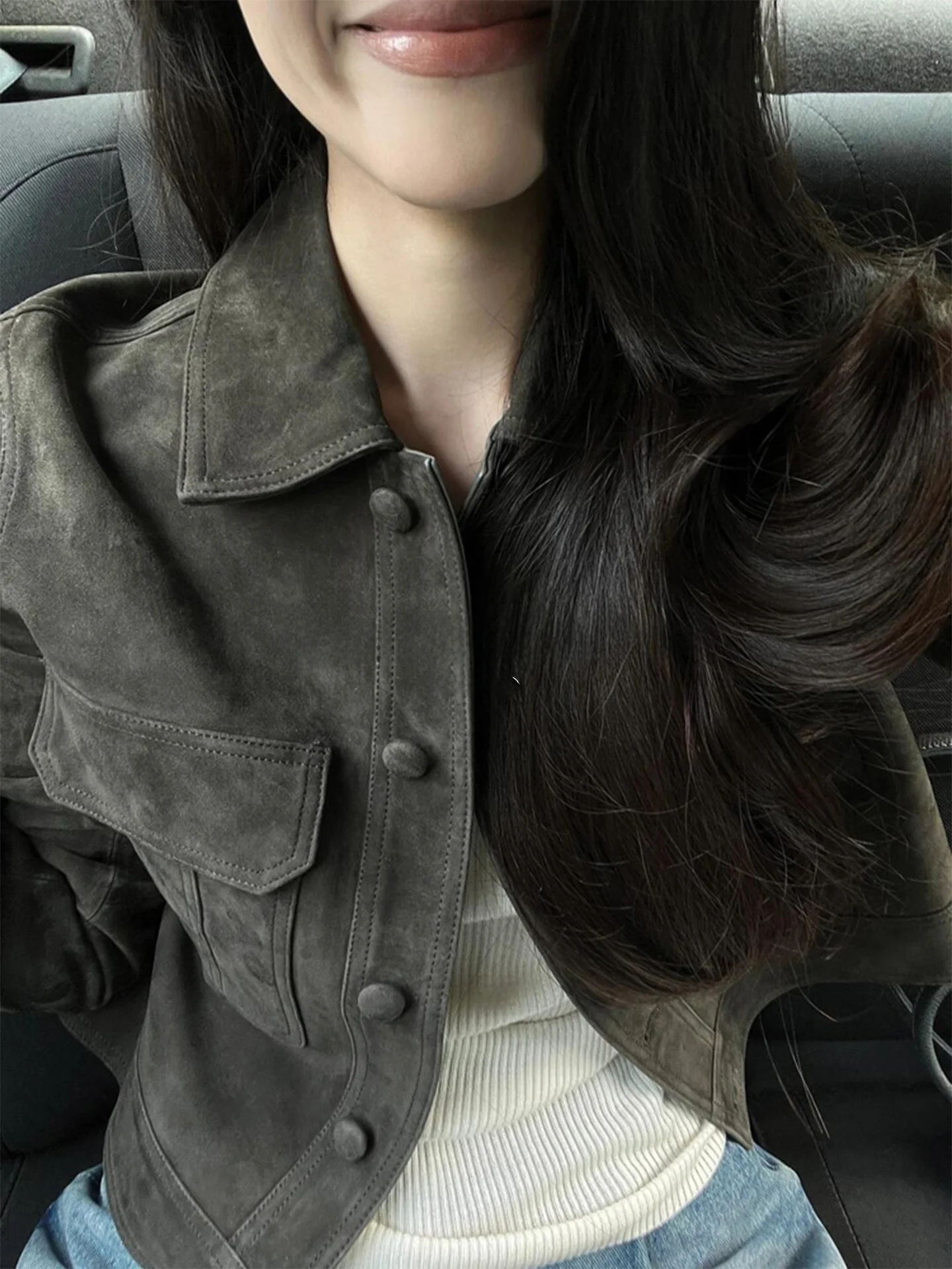 

Rouje Kefss Retro Leather Jacket Women's Slim Fit Short Style Autumn Fashion High Waist Commute Casual Long Sleeve Neck