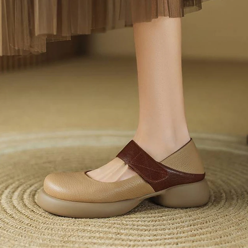 

2025 New Spring Soft Genuine Leather Platform Thick Bottom Mary Jane Shoes 4cm High Heels Casual Comfort Women Pumps DN11