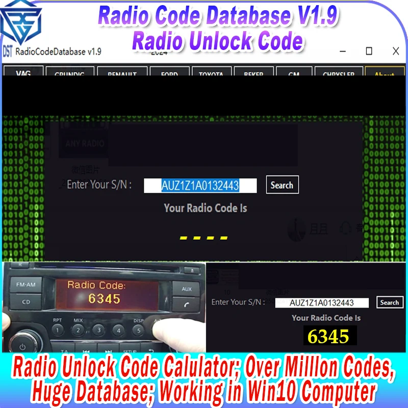 Radio Unlock Code Radio Code Database V1.9 Calulator New Add for PSA for Fiat for Audi for Toyota for Ford..Many Cars