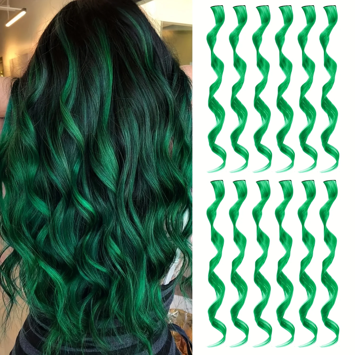 

12 шт. яркие зеленые вьющиеся волосы на клипсе-синтетические волнистые шиньоны для женщин, вечерние блики ко Дню Святого Патрика и косплей