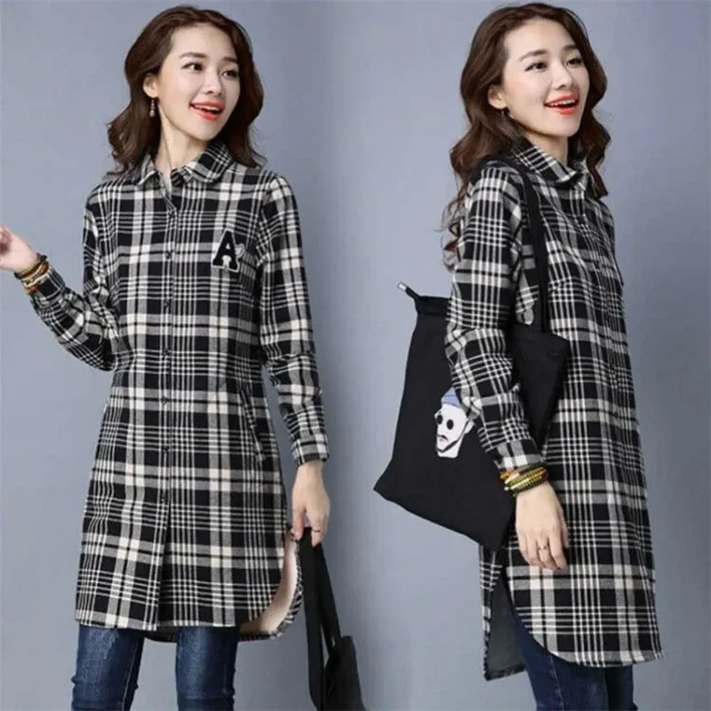 2024 Velvet Padded Plaid Shirt Jacket Women\'s Autumn Winter New Coats Long Sleeve Mid-Long Loose Pocket Outwear Coat Female