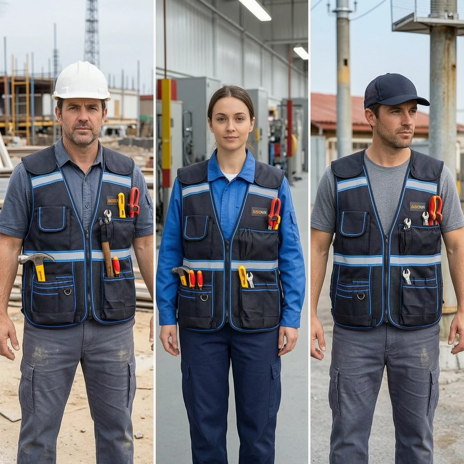 Reflective Work Vest with Tool Slots Multi-Pocket Mesh Back Tool Organizer Vest Workwear High Visibility Heavy Duty