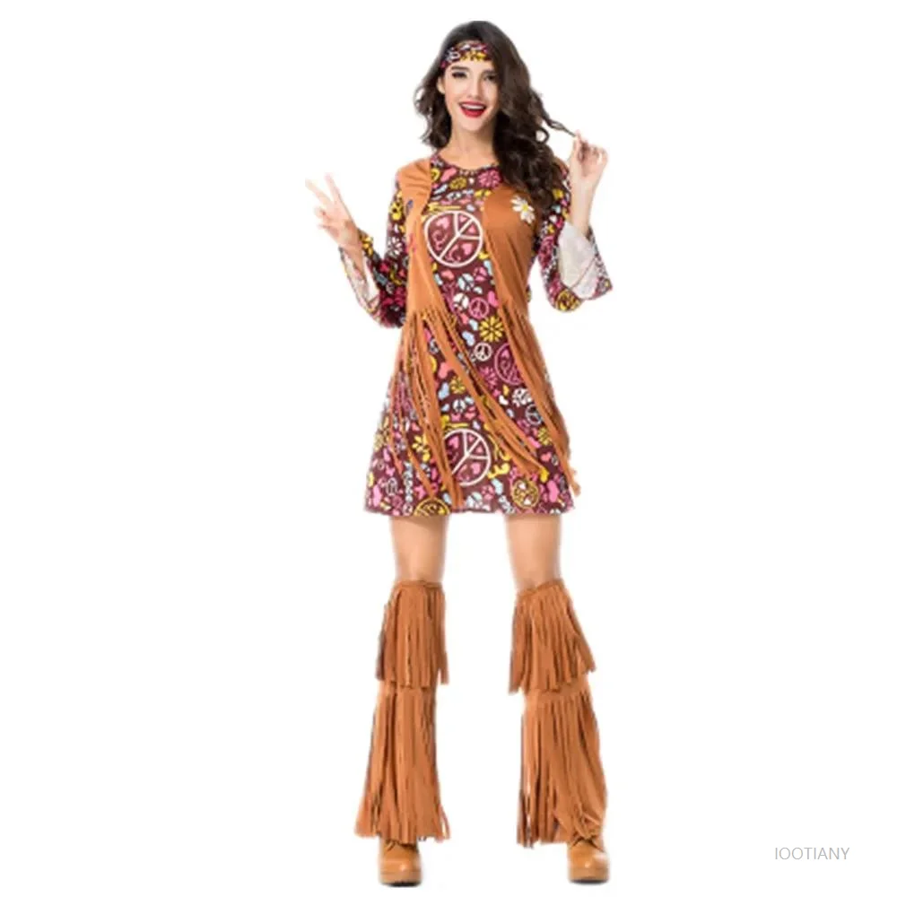 

Halloween Peace Love 60s 70s Hippie Costume Mardi Gras Party Paleo Tribal Indian Tassel Huntress Cosplay Suit Dress